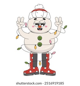 Groovy christmas snowman wearing boots and a hat. Trendy retro cartoon style. Isolated vector illustration. 