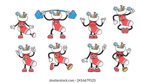 Groovy Christmas Socks Characters, Vibrant Animated Personages in Retro Style Dancing Exercise with Barbell