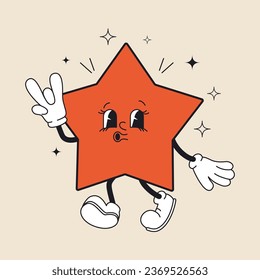 Groovy Christmas star in trendy retro cartoon style. Merry Christmas and Happy New year greeting card, poster, print, party invitation, background.
