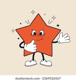 Groovy Christmas star in trendy retro cartoon style. Merry Christmas and Happy New year greeting card, poster, print, party invitation, background.