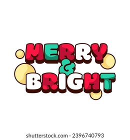 Groovy Christmas sticker with Merry and bright text vector illustration. Cartoon isolated retro typography design for fun winter holidays, Christmas badge with comic decorative font and circles