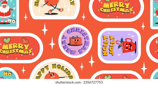 Groovy Christmas sticker pattern with funny comic characters. Seamless pattern retro cartoon for holiday. Sticker groovy with snata, ball character. Vector illustartion