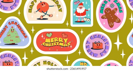 Groovy Christmas sticker pattern with funny comic characters. Seamless pattern retro cartoon for holiday. Sticker groovy with snata, ball character. Vector illustartion