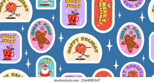 Groovy Christmas sticker pattern with funny comic characters. Seamless pattern retro sticker for holiday. Sticker groovy with snata, ball character. Vector illustartion