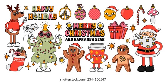 Groovy Christmas stickers. Comic vintage characters. Cartoon 40s retro Santa Claus, hippy xmas tree, holiday gingerbread, winter drink, abstract psychedelic elements, vector set. Cup with cocoa