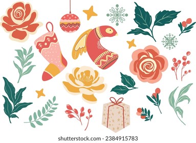Groovy Christmas stickers. Flowers, leaves, Christmas gifts, holly jolly vibes, in trendy retro cartoon style. Retro cartoon characters and elements.