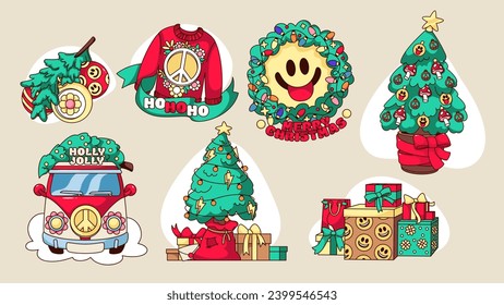 Los stickers de Navidad groovy marcan la ilustración vectorial. Colección de Navidad retro aislada de dibujos animados con suéter divertido y árbol de Navidad con juguetes, camioneta hippie y corona con emoji feliz, cajas de regalo de Santa Claus