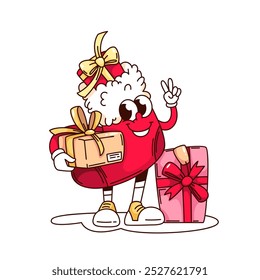 Groovy Christmas stocking cartoon character holding gifts. Funny retro red sock of Santa with surprise present and V fingers. Merry Christmas mascot, cartoon sticker of 70s 80s vector illustration