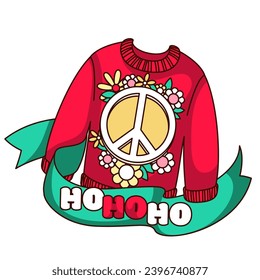 Groovy Christmas sweater and Hohoho text vector illustration. Cartoon isolated retro Christmas sticker of funny pullover for happy winter holiday celebration with peace sign and cute flowers of hippie