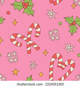 Groovy Weihnachtssüßen Süßigkeiten Zuckerrohr, heilig, Schneeflocken, Vektornahtloses Muster. Hippie Retro 60s 70s Xmas süße Fleischhintergrund für Feiertage Packpapier. Vektorgrafik.