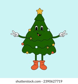 Groovy árbol de Navidad. Afiche cuadrado groovy de los años 70. Impresión retro con hippie divertido árbol de Navidad.