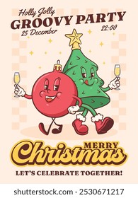 Groovy Christmas Tree and Bauble Retro Characters. Cartoon Xmas Pine and Decorative Ball Personage Label. Vector Winter Holiday Mascot Template Background. Happy Vintage Cool Illustration. Isolated