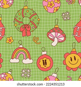 Groovy Christmas tree bauble toys seamless pattern. 70s retro Xmas New Year ornaments on checkered background. Holiday festive season surface design. Vector contour illustration.