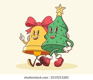 Groovy Christmas Tree and Bell Retro Characters. Cartoon Xmas Decorative Chime and Pine Personage Banner. Vector Winter Holiday Mascot Template Background. Happy Vintage Cool Illustration Isolated