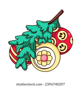 Groovy Christmas Tree branch with toys vector illustration. Cartoon isolated retro Christmas sticker of green spruce branch with baubles, balls with hippie trippy emoji, stripes and flowers ornament