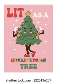 Groovy christmas tree card comic design