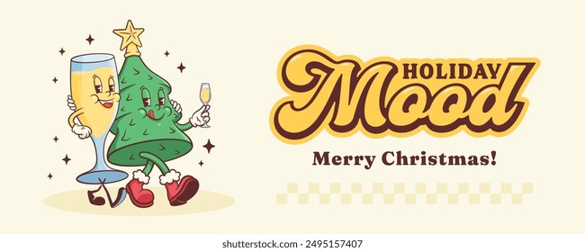 Groovy Christmas Tree and Champagne Retro Characters Banner. Cartoon Xmas Pine and Glass Personage Banner. Vector Winter Holiday Mascot Template Background. Happy Vintage Cool Illustration. Isolated