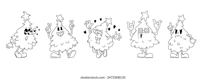 Groovy Christmas Tree Character, Retro Space with Tinsel, Light Garland, Gift Box and Shades. Jiviest Holiday Personage. Coloring page