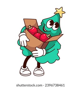 Groovy Christmas Tree character vector illustration. Cartoon isolated retro Xmas sticker of happy green fir tree holding box with red balls to decorate, preparation for Christmas party of comic mascot