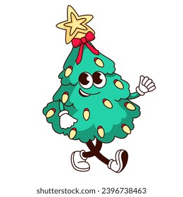 Groovy Christmas Tree character vector illustration. Cartoon isolated retro Xmas sticker of festive spruce with red bow and cute face, gold garland of lights and star walking to Christmas party