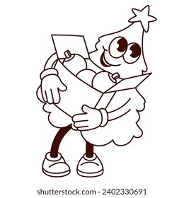 Groovy Christmas Tree, ilustración vectorial de caracteres. Caricatura monocroma retro Xmas pegatina de la caja de la sujetadora del árbol de abeto verde feliz con bolas para decorar, preparación para la fiesta de Navidad de la mascota del cómic