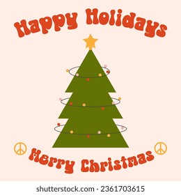 Groovy Christmas tree with garlands, Peace sign, phrase Merry Christmas. hippie style. greeting card. Vector