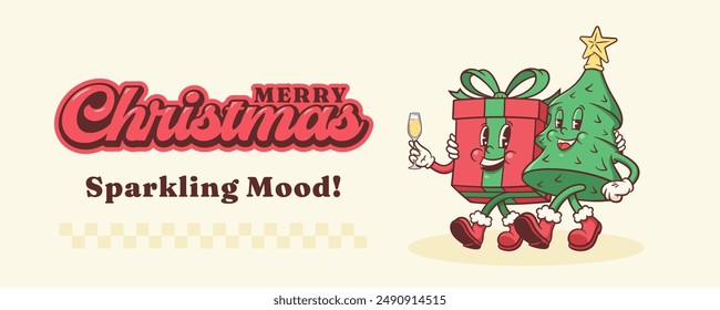 Groovy Weihnachtsbaum und Geschenkbox Retro Charaktere. Cartoon Xmas Pine und Present Personage Banner. Vektorgrafik Winter Festliche Musik Maskottchen Vorlage Hintergrund. Happy Klassisch Cool Illustration. isoliert