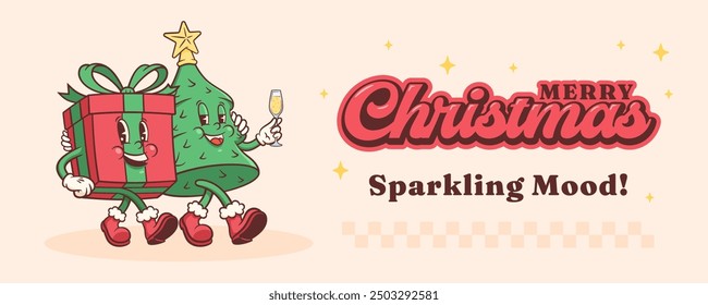 Groovy Christmas Tree and Gift Box Retro Characters. Cartoon Xmas Pine and Present Personage Banner. Vector Winter Holiday Mascot Template Background. Happy Vintage Cool Illustration. Isolated