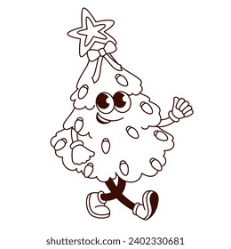 Groovy Christmas Tree haracter vector illustration. Cartoon isolated monochrome retro Xmas sticker of festive spruce with bow and cute face, garland of lights and star walking to Christmas party