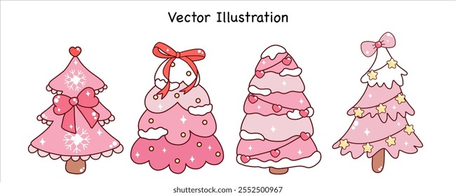 Groovy Weihnachtsbaum rosa Set. Vektorgrafik
