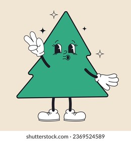 Groovy Christmas tree in trendy retro cartoon style. Merry Christmas and Happy New year greeting card, poster, print, party invitation, background.