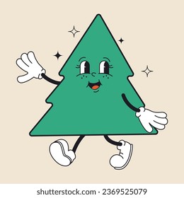Groovy Christmas tree in trendy retro cartoon style. Merry Christmas and Happy New year greeting card, poster, print, party invitation, background.
