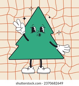 Groovy Christmas tree in trendy retro cartoon style. Merry Christmas and Happy New year greeting card, poster, print, party invitation, background.