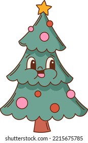 Groovy ilustración vectorial de árbol de Navidad. Clásico de personaje de mascota retro