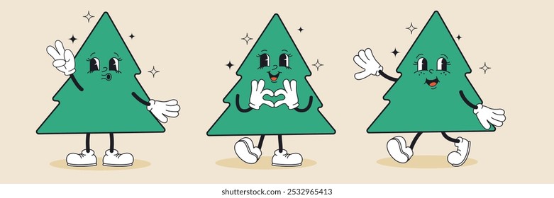 Groovy Christmas trees in trendy retro cartoon style. Merry Christmas and Happy New year greeting card, poster, print, party invitation, background.