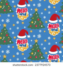 Groovy patrón tipográfico de Navidad sin fisuras con árbol de Navidad, barba de Santa Claus y sombrero. Merry y Bright dibujados a mano en un estilo minimalista plano. Diseño ideal para papel textil, envolvente