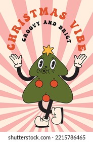 Groovy Christmas vibe poster, greeting card. Christmas tree in trendy retro 60s hippie flat cartoon style. Merry Christmas and Happy New year lettering, quote print, party invitation, background. 