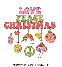 Groovy Christmas vibe poster or greeting card caonept. Text with hanging xmas tree balls in trendy retro 60s hippie style. Merry Christmas and Happy New year party invitation. Vector illustration.
