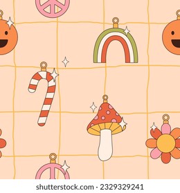 Groovy Christmas vibe seamless pattern of Xmas tree balls and toys in trendy retro 60s hippie linear cartoon style. Peace, love, flower decor. Merry Christmas and Happy New year decor elements.