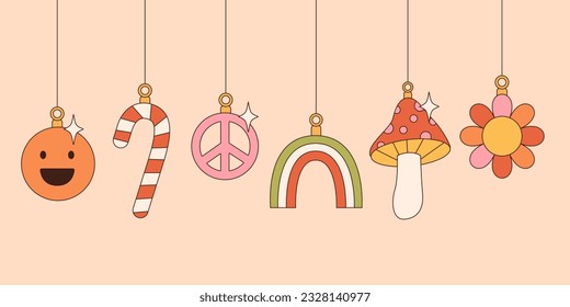 Groovy Christmas vibe set of Xmas tree balls and toys in trendy retro 60s hippie linear cartoon style. Peace, love, flower decor. Merry Christmas and Happy New year decor elements. Vector illustration