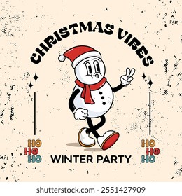 Groovy Christmas vibes ho ho ho retro characters cartoon xmas decorative Flyer template design.