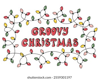 Groovy Christmas vintage vector illustration. Bubble letters and cartoon garland with lights on white background