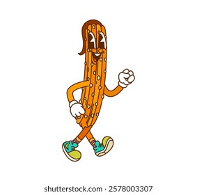 Groovy churro or retro cartoon hippie fast food character, vector funny dessert. Groovy churro with happy smile, chocolate hair and laughing as psychedelic funky fast food character in hipster shoes