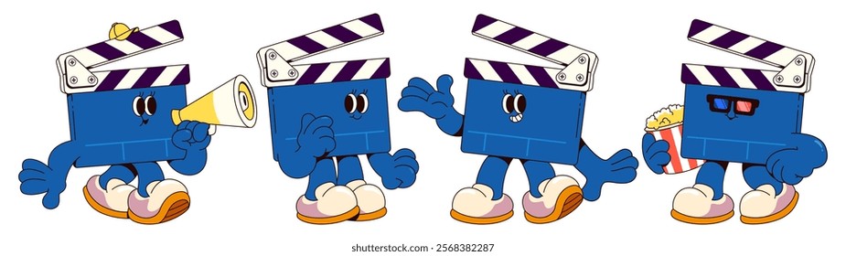 Groovy cinema clapperboard character set - blue mascot with striped clapper top, shoes and expressive poses. Friendly movie equipment personality holding megaphone, waving, smiling and eating popcorn.