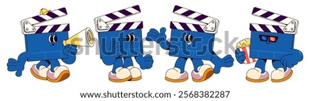 Groovy cinema clapperboard character set - blue mascot with striped clapper top, shoes and expressive poses. Friendly movie equipment personality holding megaphone, waving, smiling and eating popcorn.