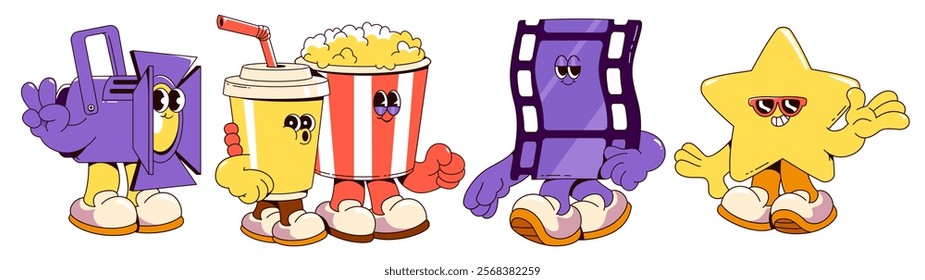 Groovy cinema mascot set - cheerful spotlight, beverage cup, popcorn bucket, film strip and celebrity star wearing retro shoes. Movie theater characters with expressive faces and friendly gestures.