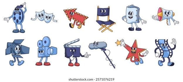 Groovy cinema mascots. Film studio, filming and movie production characters. Retro cartoon rubber hose style isolated vector illustrations set.