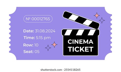 Groovy cinema ticket with clapperboard icon on purple background. Movie coupon design template 2000s, retro sticker with  hand-drawn film clapper.  Vector illustration