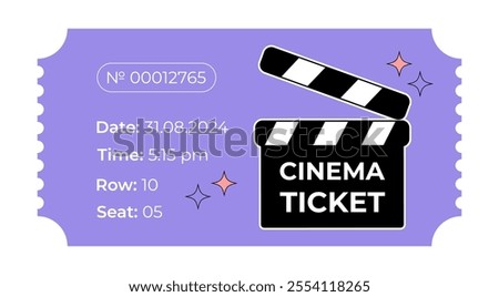 Groovy cinema ticket with clapperboard icon on purple background. Movie coupon design template 2000s, retro sticker with  hand-drawn film clapper.  Vector illustration