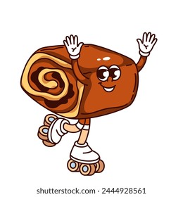 Groovy cinnamon roll cartoon character roller skating. Funny retro cinnamon sweet bun with roller skates, pastry and bakery mascot, cartoon Cinnabon sticker of 70s 80s style vector illustration